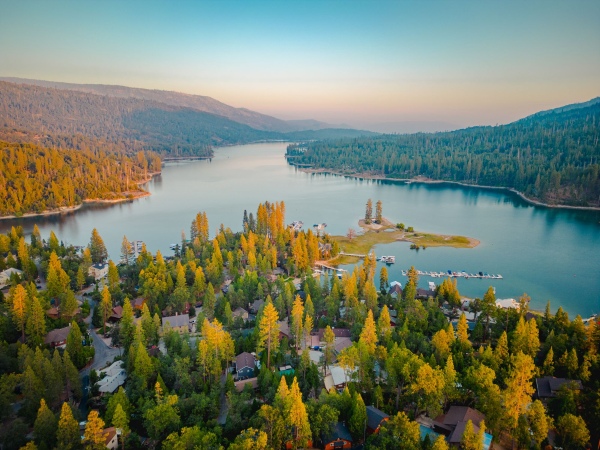 Bass Lake at sunset from above